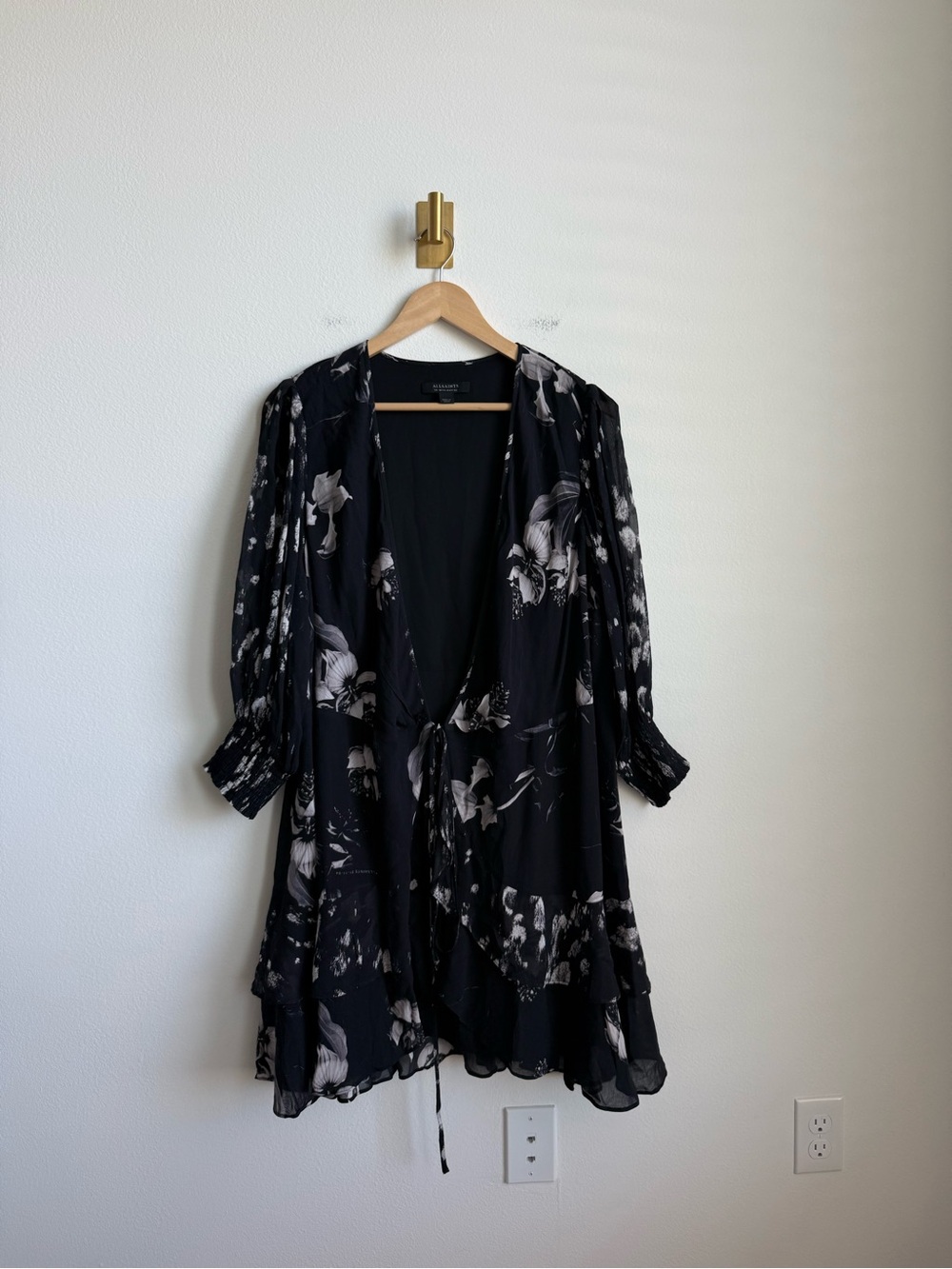 AllSaints Ari Pauline Floral Faux Wrap Chiffon Mini Dress Black Grey 10 - Picture 7 of 16